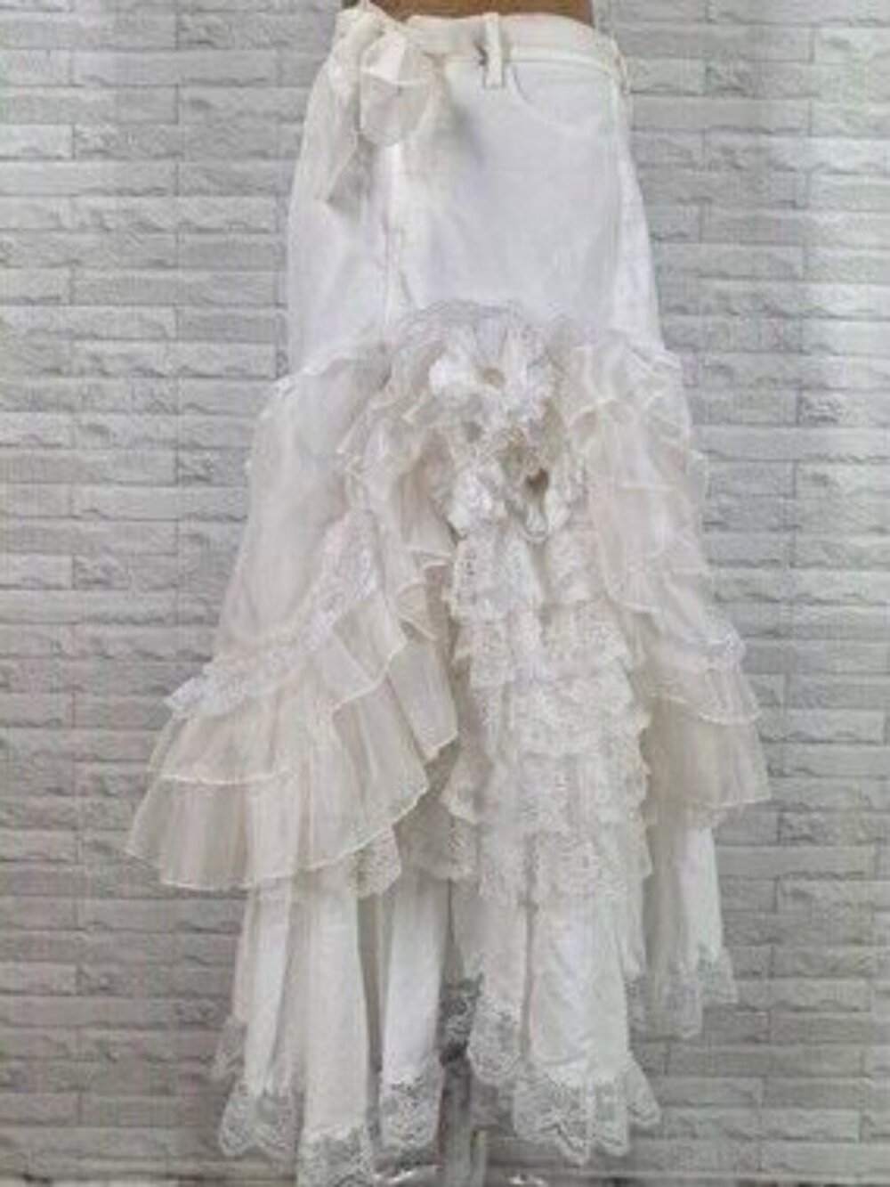 HAND CRAFTED Skirt Denim Jean Ruffle Bachelorette Wedding Bridal White 12